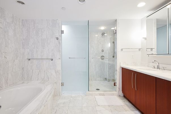Bathroom, Glass Shower, Interior, Marble, Marble Walls, Recessed Lighting