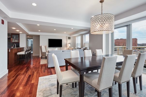 Dining room, Interior, Living room, Pendant Lights, Recessed Lighting, Wood Texture Flooring