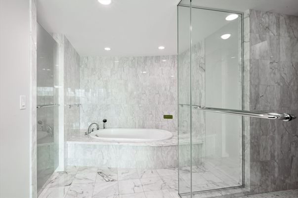 Bathroom, Glass Shower, Interior, Marble, Marble Walls, Recessed Lighting