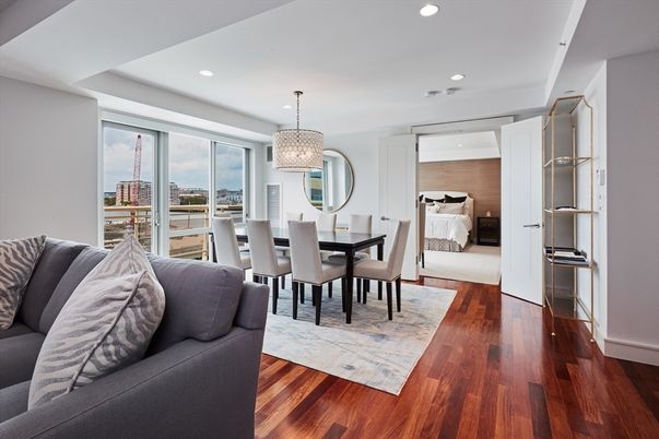 Bedroom, Chandelier, Dining room, Interior, Pendant Lights, Recessed Lighting, Wood Texture Flooring
