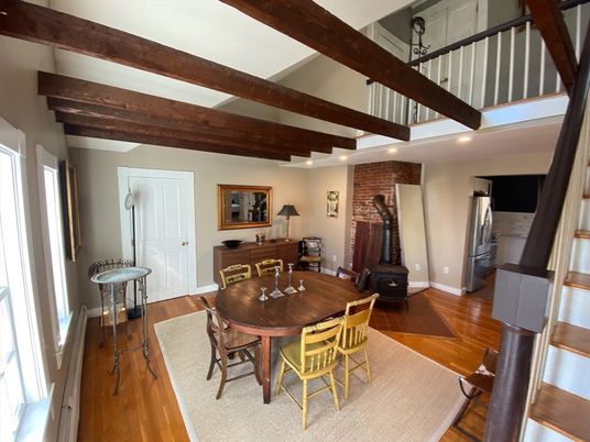 Dining room, Interior, Recessed Lighting, Stone Walls, Wooden Beams, Wood Texture Flooring
