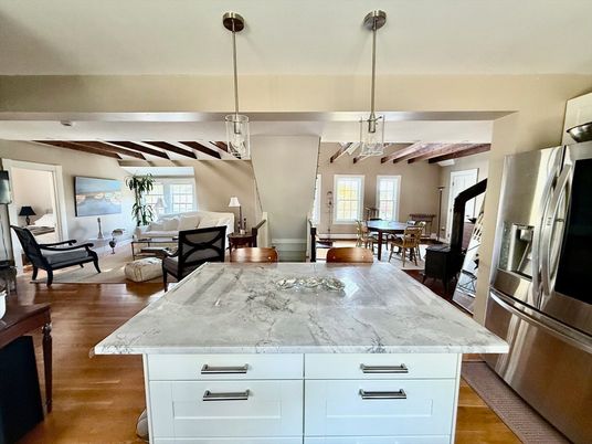 Dining room, Interior, Kitchen, Living room, Pendant Lights, Stainless Steel Appliances, Wooden Beams, Wood Texture Flooring