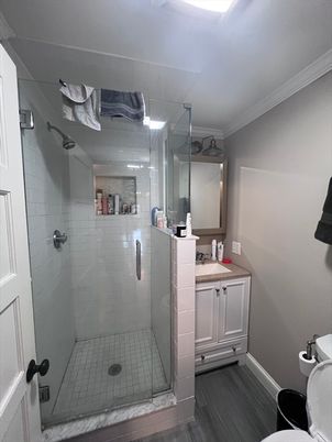 Bathroom, Glass Shower, Interior, Wood Texture Flooring