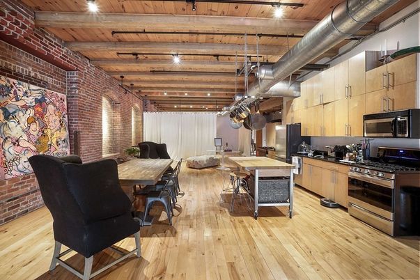 Dining room, Interior, Kitchen, Pendant Lights, Recessed Lighting, Stainless Steel Appliances, Stone Walls, Wooden Beams, Wooden Ceilings, Wood Texture Flooring