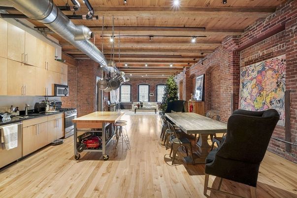 Dining room, Interior, Kitchen, Pendant Lights, Stainless Steel Appliances, Stone Walls, Wooden Beams, Wooden Ceilings, Wood Texture Flooring