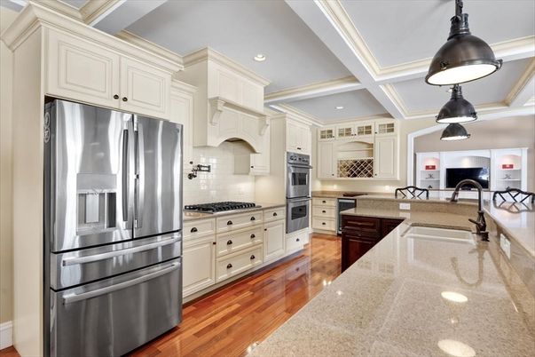 Interior, Kitchen, Pendant Lights, Recessed Lighting, Stainless Steel Appliances, Wood Texture Flooring