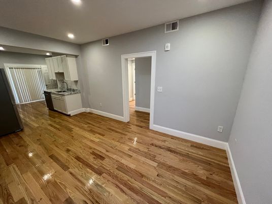 Empty room, Interior, Kitchen, Recessed Lighting, Wood Texture Flooring