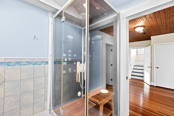 Bathroom, Glass Shower, Interior, Wooden Ceilings, Wood Texture Flooring