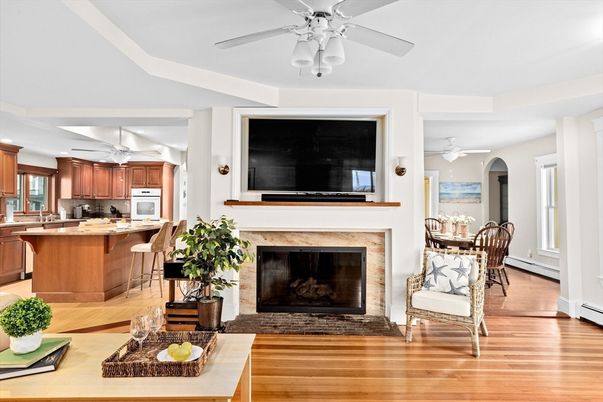 Dining room, Fireplace, Interior, Kitchen, Wood Texture Flooring