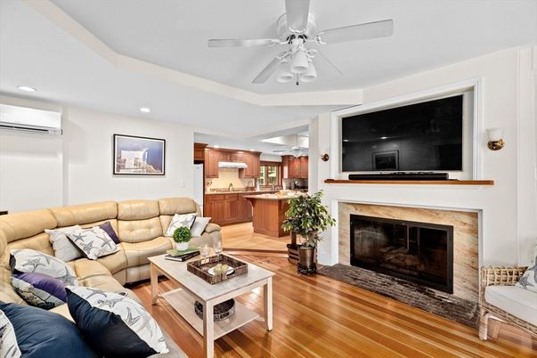 Fireplace, Interior, Kitchen, Living room, Recessed Lighting, Wood Texture Flooring