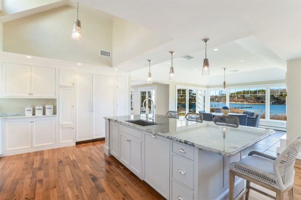 Dining room, Interior, Kitchen, Pendant Lights, Recessed Lighting, Water, Wood Texture Flooring