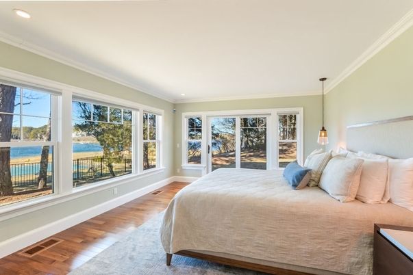 Bedroom, Interior, Pendant Lights, Recessed Lighting, Wood Texture Flooring