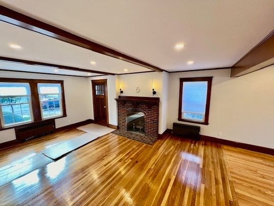 Empty room, Fireplace, Interior, Recessed Lighting, Wood Texture Flooring