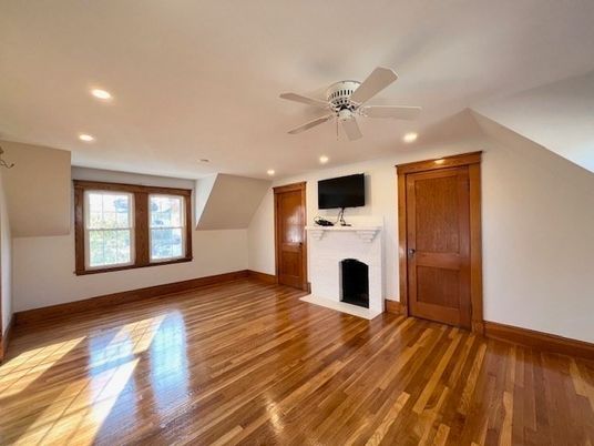 Empty room, Fireplace, Interior, Recessed Lighting, Wood Texture Flooring