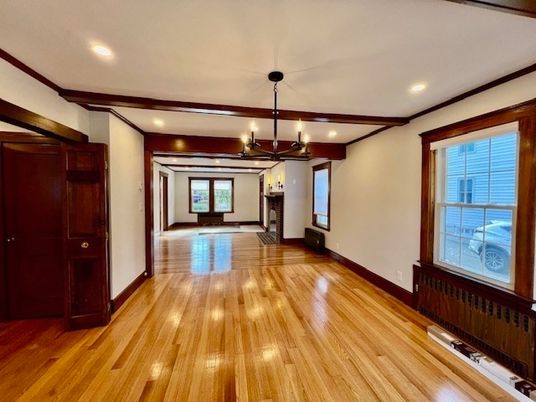 Chandelier, Interior, Recessed Lighting, Wooden Beams, Wood Texture Flooring