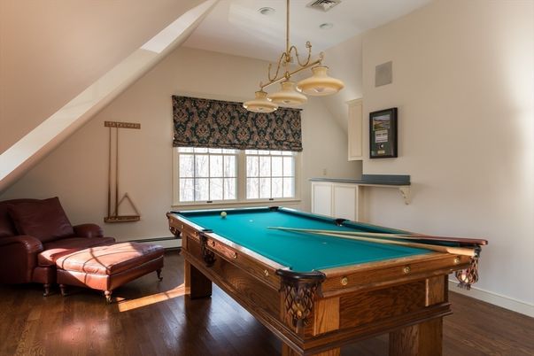 Billiard Table, Chandelier, Game Room, Interior, Wood Texture Flooring