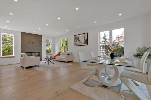 Dining room, Fireplace, Interior, Living room, Recessed Lighting, Wood Texture Flooring