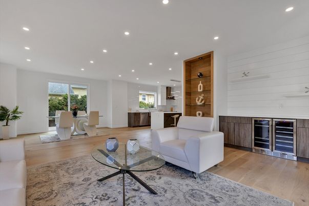 Interior, Kitchen, Living room, Recessed Lighting, Stainless Steel Appliances, Wood Texture Flooring
