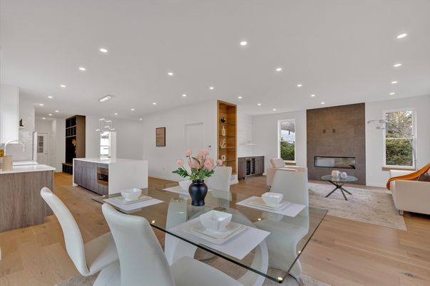 Dining room, Fireplace, Interior, Kitchen, Living room, Recessed Lighting, Wood Texture Flooring