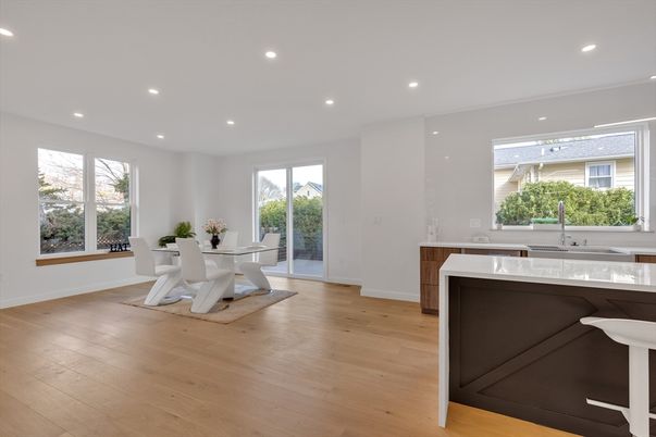 Dining room, Interior, Recessed Lighting, Wood Texture Flooring