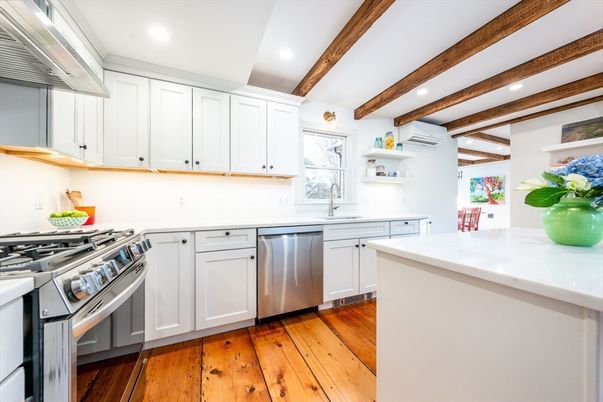 Interior, Kitchen, Recessed Lighting, Stainless Steel Appliances, Wooden Beams, Wood Texture Flooring