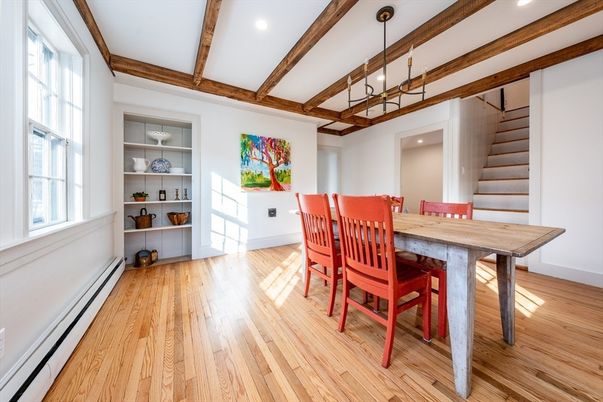 Dining room, Interior, Pendant Lights, Recessed Lighting, Wooden Beams, Wood Texture Flooring