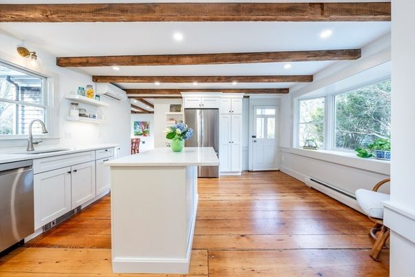 Interior, Kitchen, Recessed Lighting, Stainless Steel Appliances, Wooden Beams, Wood Texture Flooring