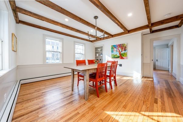 Dining room, Interior, Pendant Lights, Recessed Lighting, Wooden Beams, Wood Texture Flooring