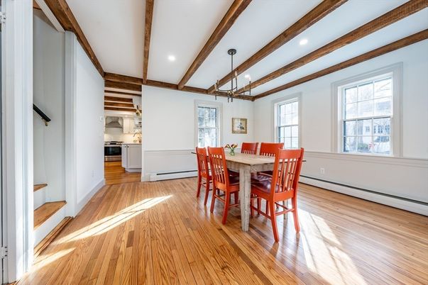 Dining room, Interior, Pendant Lights, Recessed Lighting, Wooden Beams, Wood Texture Flooring