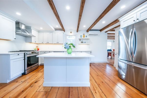 Interior, Kitchen, Recessed Lighting, Stainless Steel Appliances, Wooden Beams, Wood Texture Flooring