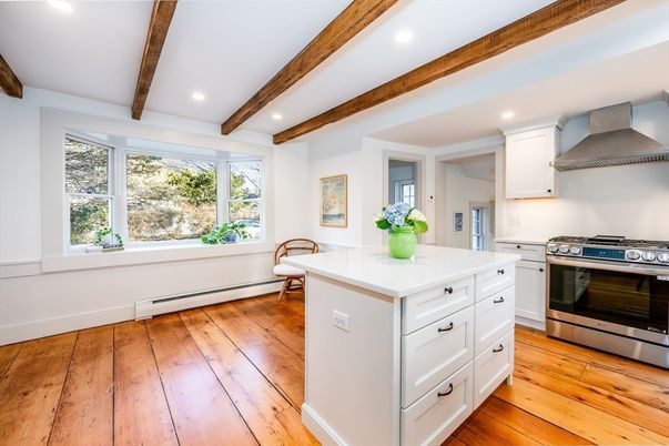Interior, Kitchen, Recessed Lighting, Stainless Steel Appliances, Wooden Beams, Wood Texture Flooring
