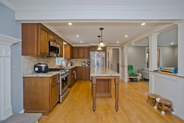 Interior, Kitchen, Pendant Lights, Recessed Lighting, Stainless Steel Appliances, Wood Texture Flooring