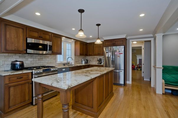 Interior, Kitchen, Pendant Lights, Recessed Lighting, Stainless Steel Appliances, Wood Texture Flooring