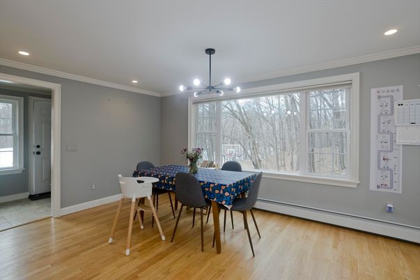 Dining room, Interior, Pendant Lights, Recessed Lighting, Wood Texture Flooring