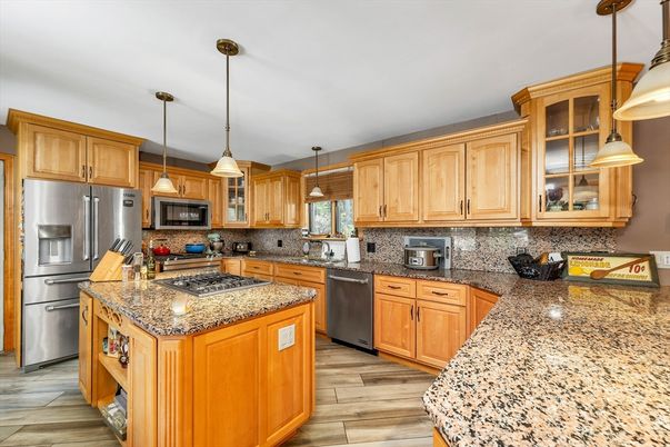 Interior, Kitchen, Pendant Lights, Stainless Steel Appliances, Wood Texture Flooring