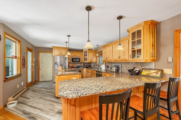 Interior, Kitchen, Pendant Lights, Stainless Steel Appliances, Wood Texture Flooring