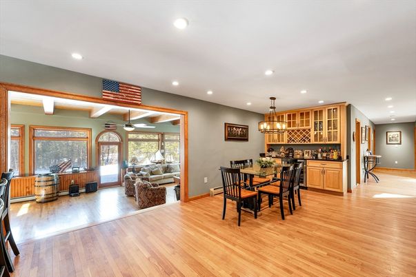 Dining room, Interior, Living room, Recessed Lighting, Wood Texture Flooring