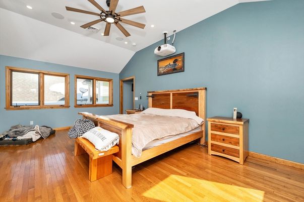 Bedroom, Interior, Recessed Lighting, Wood Texture Flooring