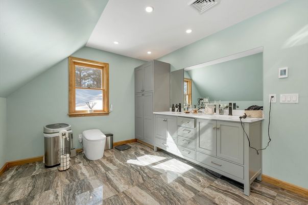 Bathroom, Dual Sink Vanities, Interior, Recessed Lighting, Wood Texture Flooring