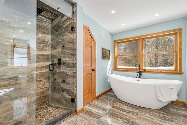 Bathroom, Free Standing Baths, Glass Shower, Interior, Recessed Lighting