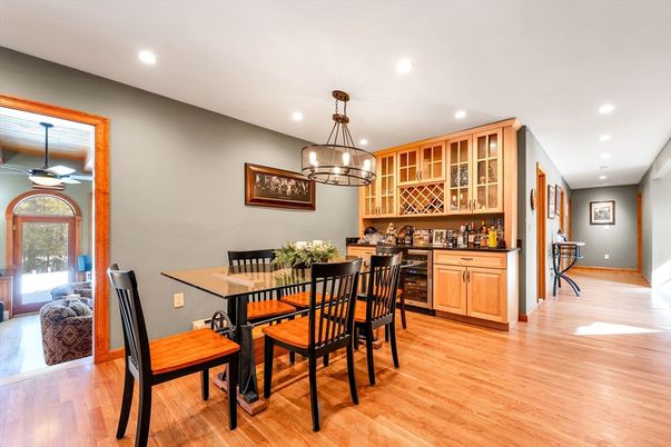 Dining room, Interior, Pendant Lights, Recessed Lighting, Wood Texture Flooring