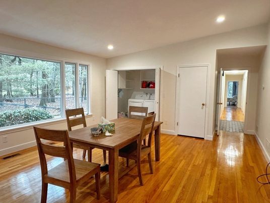 Dining room, Interior, Recessed Lighting, Wood Texture Flooring