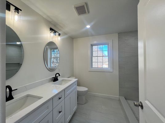 Bathroom, Dual Sink Vanities, Interior, Marble, Recessed Lighting