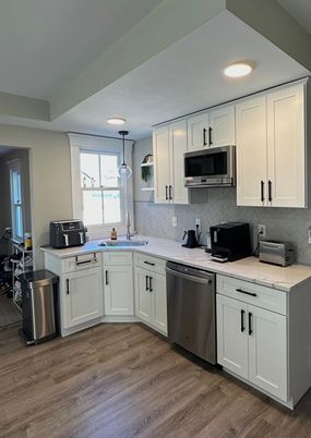 Interior, Kitchen, Pendant Lights, Recessed Lighting, Stainless Steel Appliances, Wood Texture Flooring