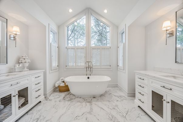 Bathroom, Dual Sink Vanities, Free Standing Baths, Interior, Marble, Recessed Lighting