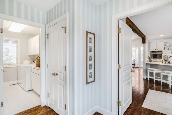 Interior, Kitchen, Recessed Lighting, Washer, Wood Texture Flooring