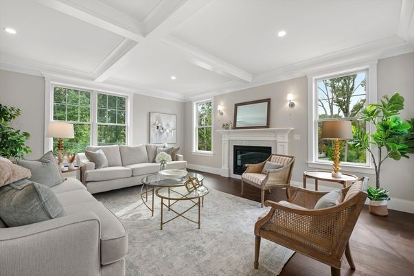 Fireplace, Interior, Living room, Recessed Lighting, Wood Texture Flooring