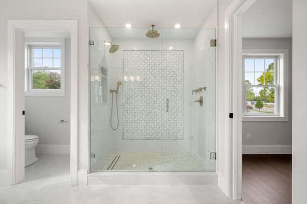 Bathroom, Glass Shower, Interior, Marble, Recessed Lighting