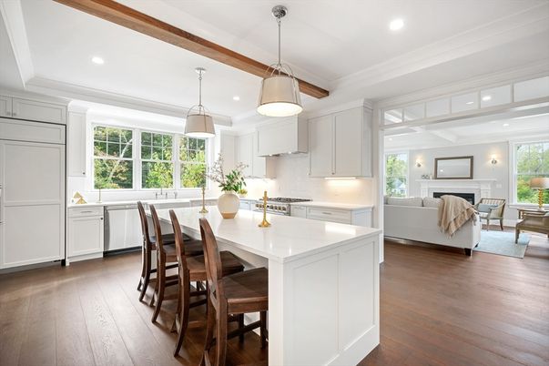 Fireplace, Interior, Kitchen, Living room, Pendant Lights, Recessed Lighting, Stainless Steel Appliances, Wood Texture Flooring