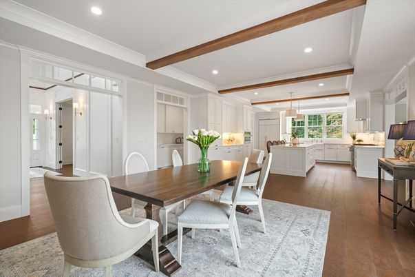 Dining room, Interior, Kitchen, Pendant Lights, Recessed Lighting, Wooden Beams, Wood Texture Flooring